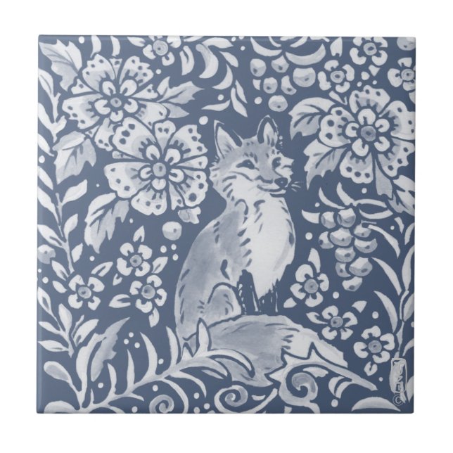 Blue Woodland Fox Forest Animal Faces R Ceramic Tile (Front)