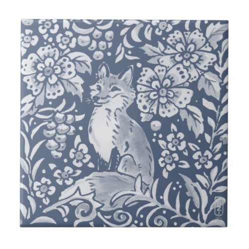 Blue Woodland Fox Forest Animal Floral Ceramic Tile