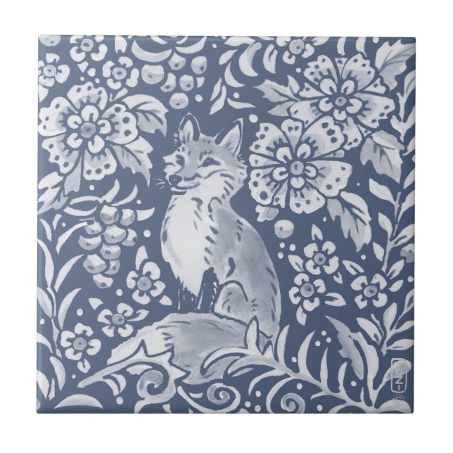 Blue Woodland Fox Forest Animal Floral Ceramic Tile (Front)