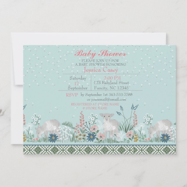 Blue Woodland Lamb Baby Shower Invitation Card (Front)