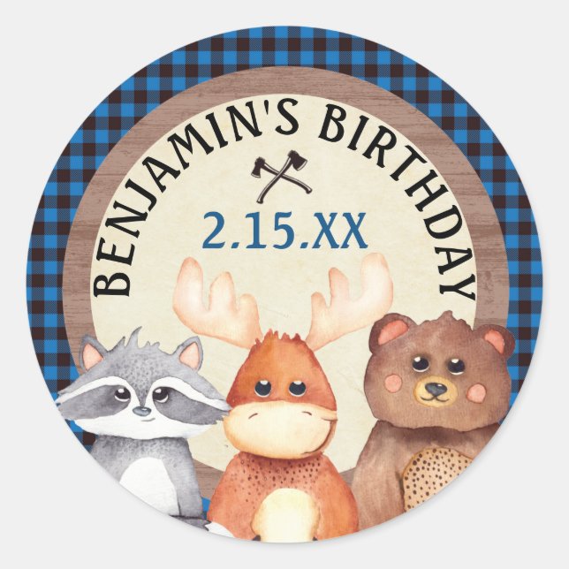 Blue Woodland Lumberjack Birthday Favor Stickers (Front)