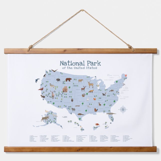 Blue Woodland National Parks Map Nursery Decor Hanging Tapestry (Front)