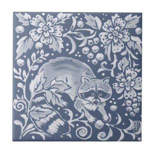 Blue Woodland Raccoon Forest Animal Floral Ceramic Tile