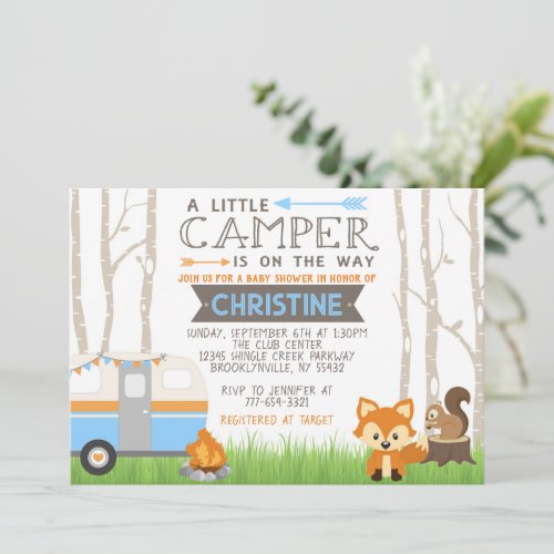 Blue Woodland RV Camper Forest Animals Baby Shower Invitation