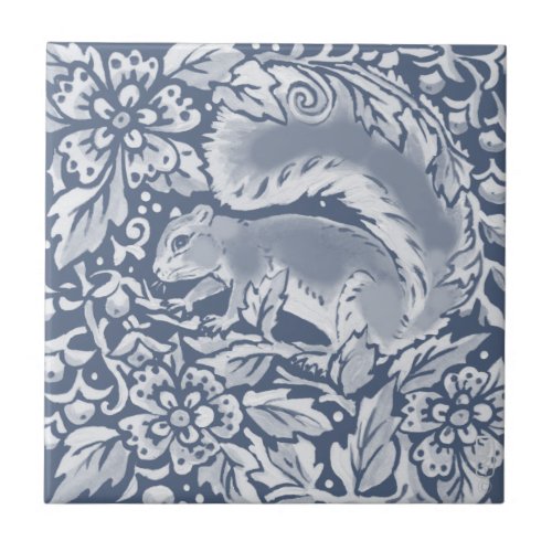 Blue Woodland Squirrel Forest Animal Floral  Ceramic Tile