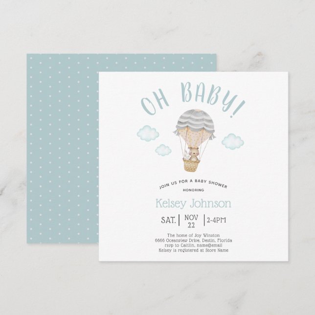 Blue Woodland Teddy Bear Bunny Baby Shower  Invitation (Front/Back)