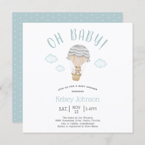Blue Woodland Teddy Bear Bunny Baby Shower  Invitation