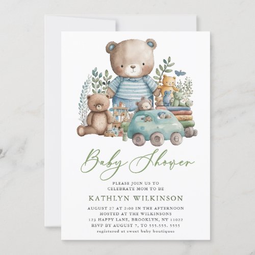 Blue Woodland We Can Barely Wait Boy Baby Shower Invitation