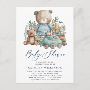 Blue Woodland We Can Barely Wait Boy Baby Shower Invitation Postcard