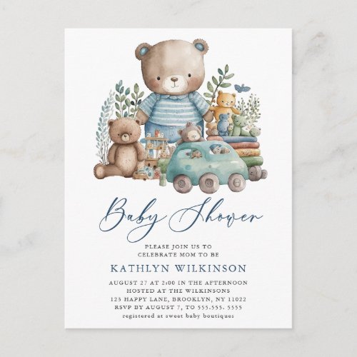 Blue Woodland We Can Barely Wait Boy Baby Shower Invitation Postcard