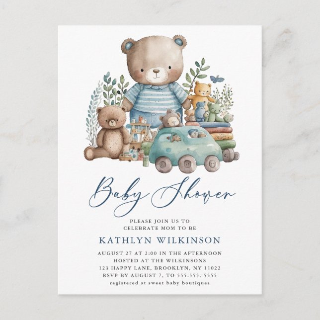 Blue Woodland We Can Barely Wait Boy Baby Shower Invitation Postcard (Front)