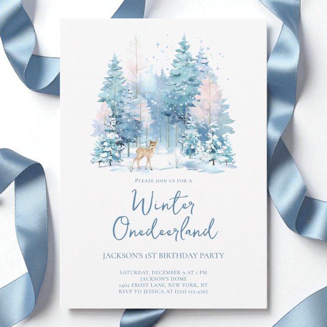 Blue Woodland Winter Onederland 1st Birthday Party Invitation (Blue Woodland Winter Onederland 1st Birthday Party Invitation)