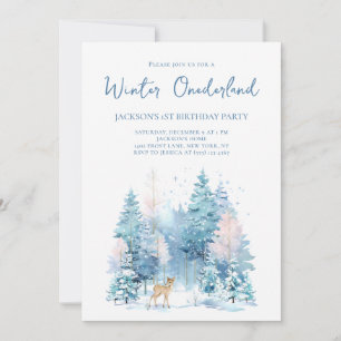 Blue Woodland Winter Wonderland 1st Birthday Party Invitation