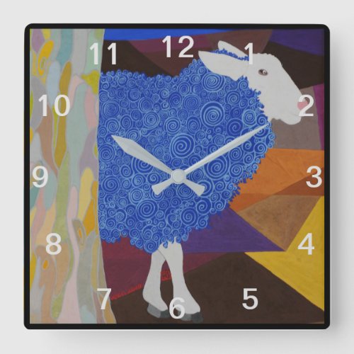 Blue Wool Sheep _ Grey Numbers Square Wall Clock