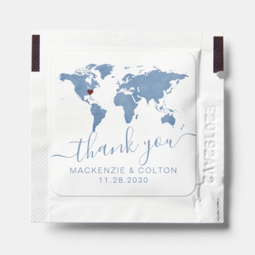 Blue World Map 2 Hearts Destination Travel Themed Hand Sanitizer Packet