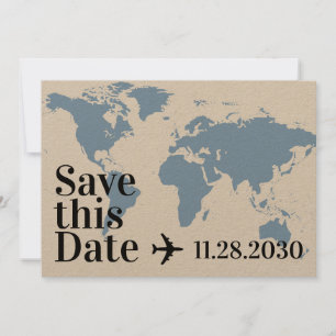 Blue World Map and Airplane Heart Bold Destination Save The Date
