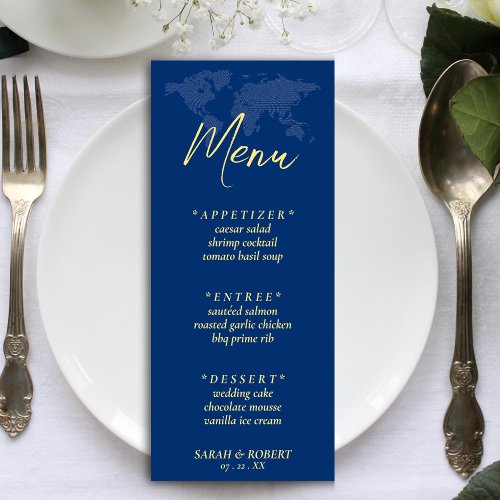 Blue World Map Destination Wedding Reception Menu