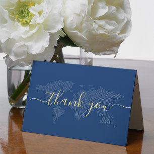 Blue World Map Photo Destination Wedding Thank You Card