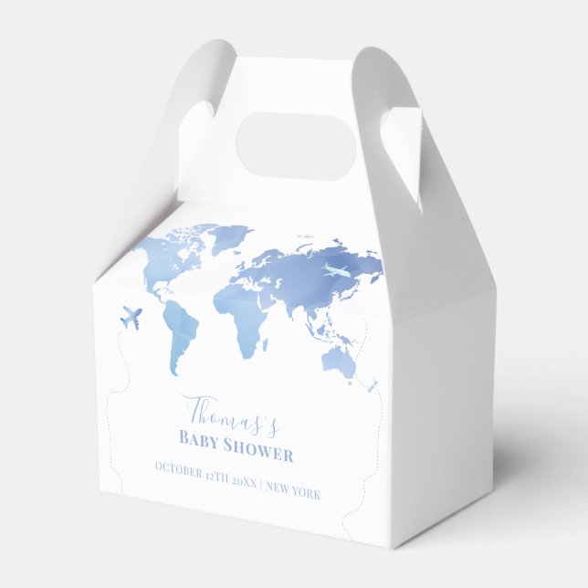Blue World Map Travel Adventure Baby Shower  Favor Boxes (Front Side)