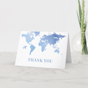 Blue World Map Travel Adventure Baby Shower Letterpress Thank You Card