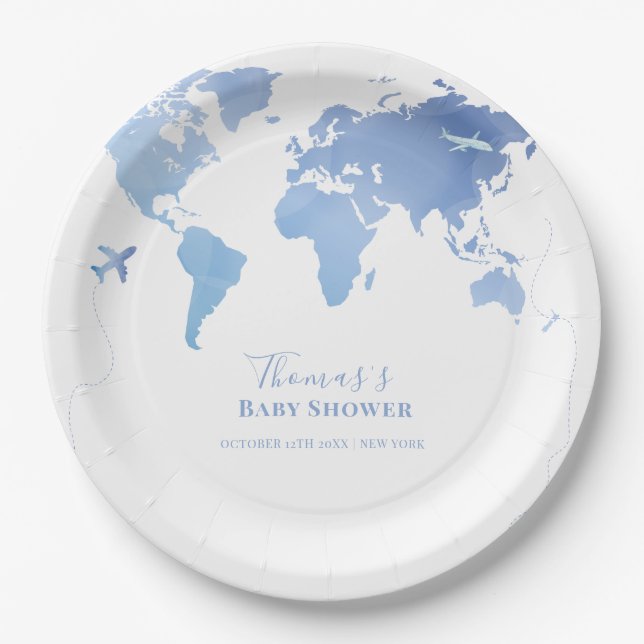 Blue World Map Travel Adventure Baby Shower  Paper Plates (Front)