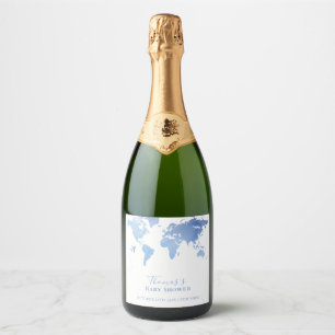 Blue World Map Travel Adventure Baby Shower Sparkling Wine Label