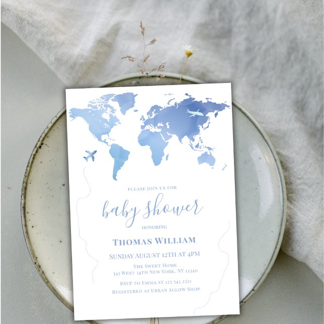 Blue World Map Travel Adventure Boy Baby Shower Invitation (Blue World Map Travel Adventure Boy Baby Shower Invitation)