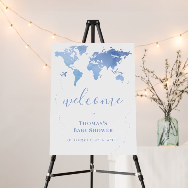 Blue World Map Travel Baby Shower Welcome Sign (In Situ (Stand))