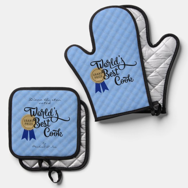 Blue World's Best Cook Award Quilted Look Oven Mitt & Pot Holder Set (Front/Back)