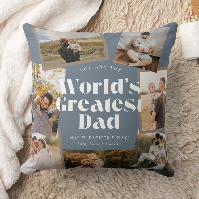 Blue World's Greatest Dad 7 Photo Collage Throw Pillow (Blanket)