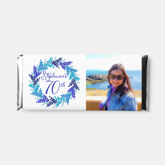Blue Wreath 70th Birthday Photo Hershey Bar Favors (Front)