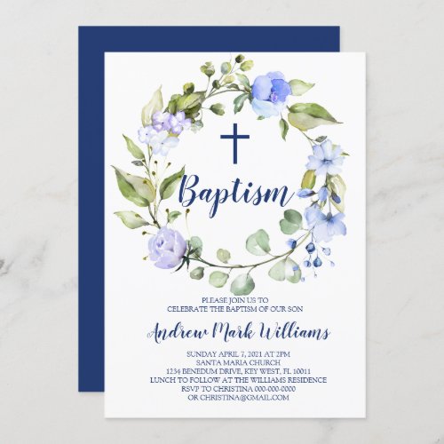 Blue Wreath Baby Boy Baptism Invitation