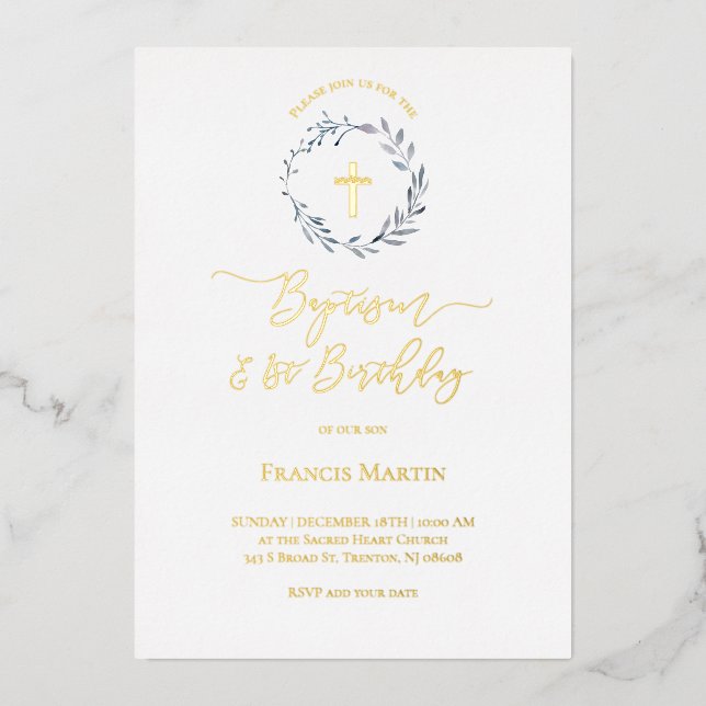 blue wreath | Baptism and 1st Birthday Invitation Foil Invitation (Front)