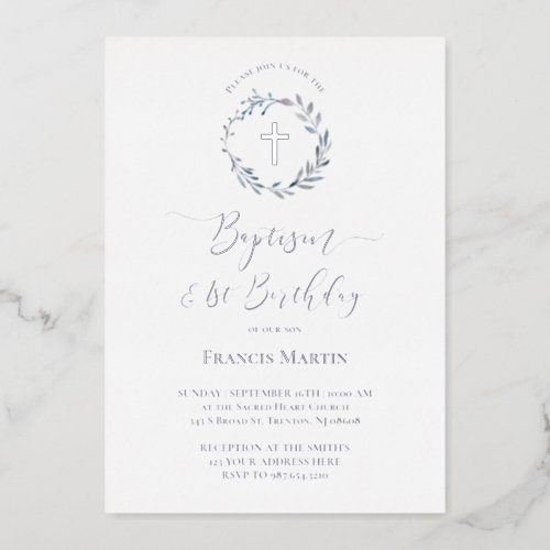  blue wreath Baptism and first Birthday Foil Invitation
