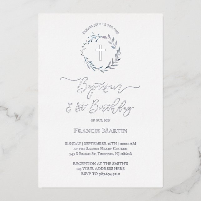  blue wreath Baptism and first Birthday Foil Invitation (Front)