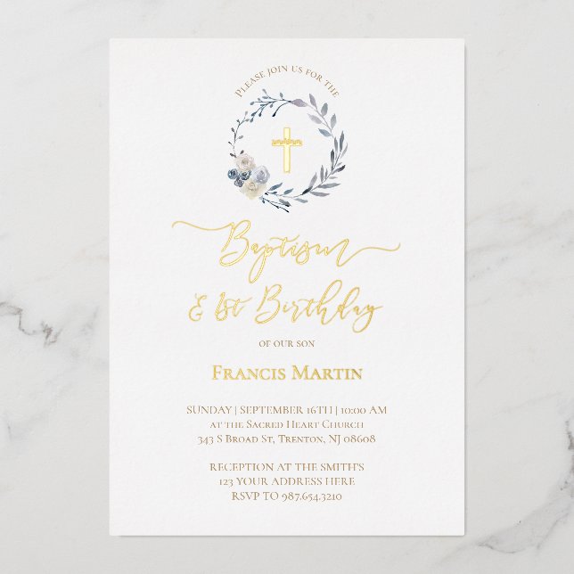  blue wreath  Baptism Foil Invitation (Front)