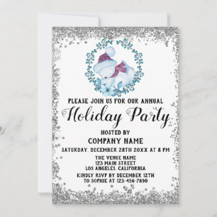 Blue Wreath Christmas Company Holiday Party Silver Invitation