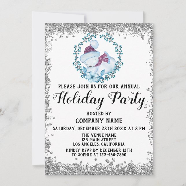 Blue Wreath Christmas Company Holiday Party Silver Invitation (Front)
