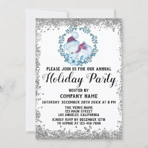 Blue Wreath Christmas Company Holiday Party Silver Invitation
