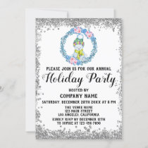 Blue Wreath Christmas Company Holiday Party Silver Invitation