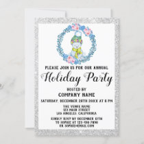 Blue Wreath Christmas Company Holiday Party Silver Invitation