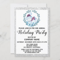 Blue Wreath Christmas Company Holiday Party Silver Invitation