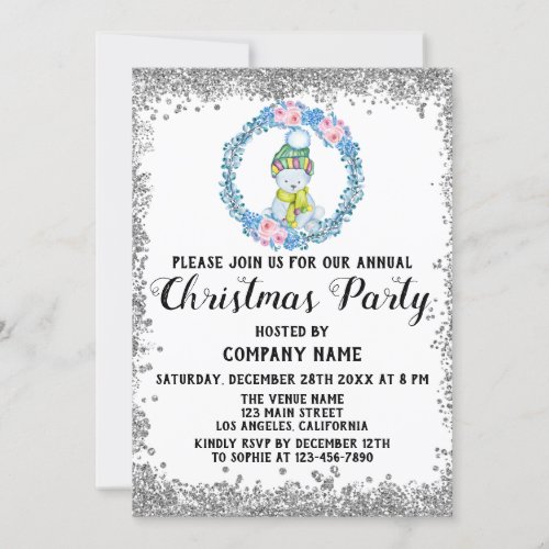 Blue Wreath Company Holiday Christmas Party Silver Invitation