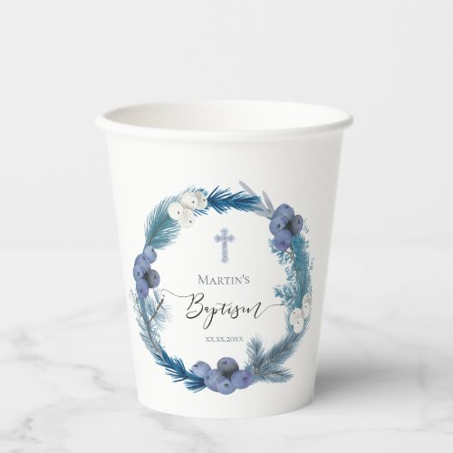 blue wreath design  winter Baptism Paper cup