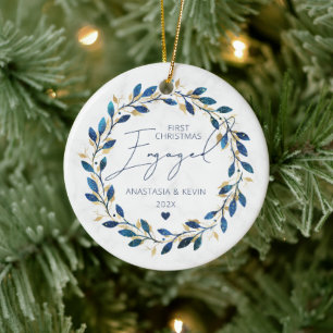 Blue Wreath First Christmas Engaged Ceramic Ornament