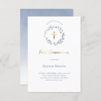 blue wreath  first communion  invitation