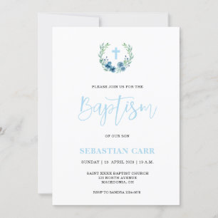 Blue Wreath Floral Boy Baptism invitation