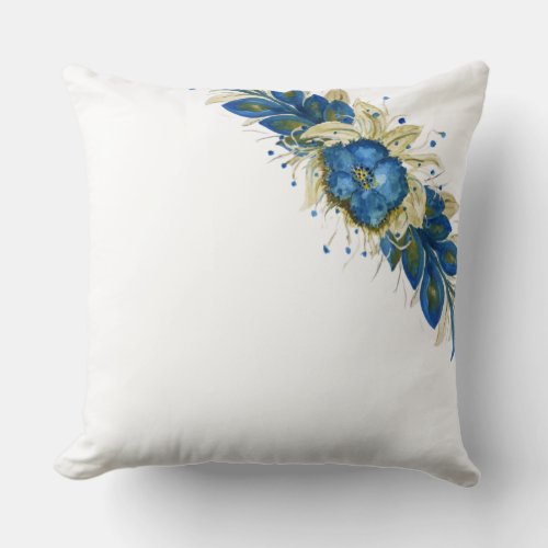 Blue Wreath Floral Watercolor Hand_painted White Throw Pillow