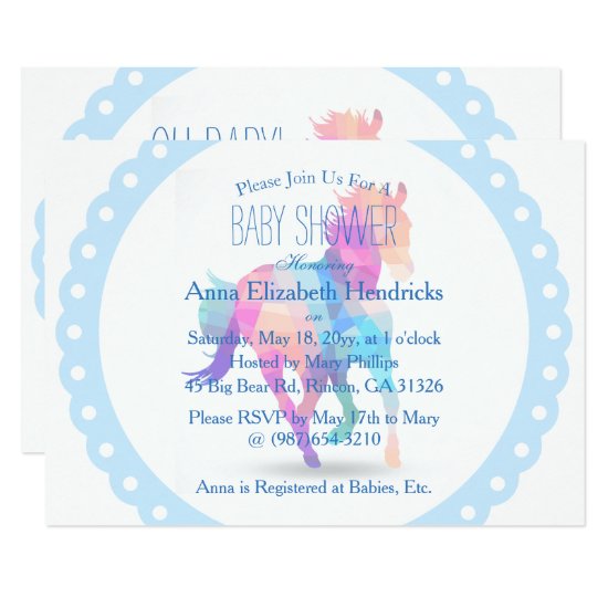 Blue Wreath Geometric Running Horse Baby Shower Card