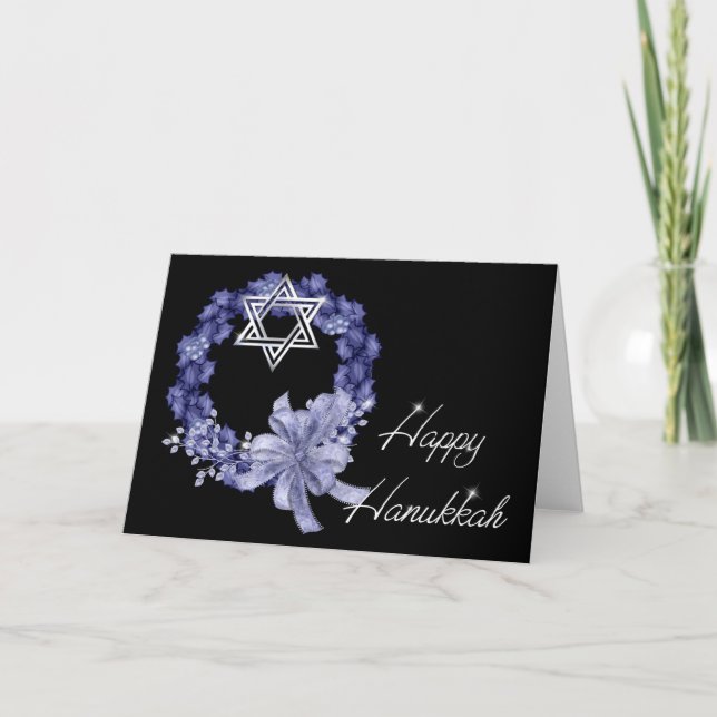 Blue Wreath Happy Hanukkah Greeting Card (Front)